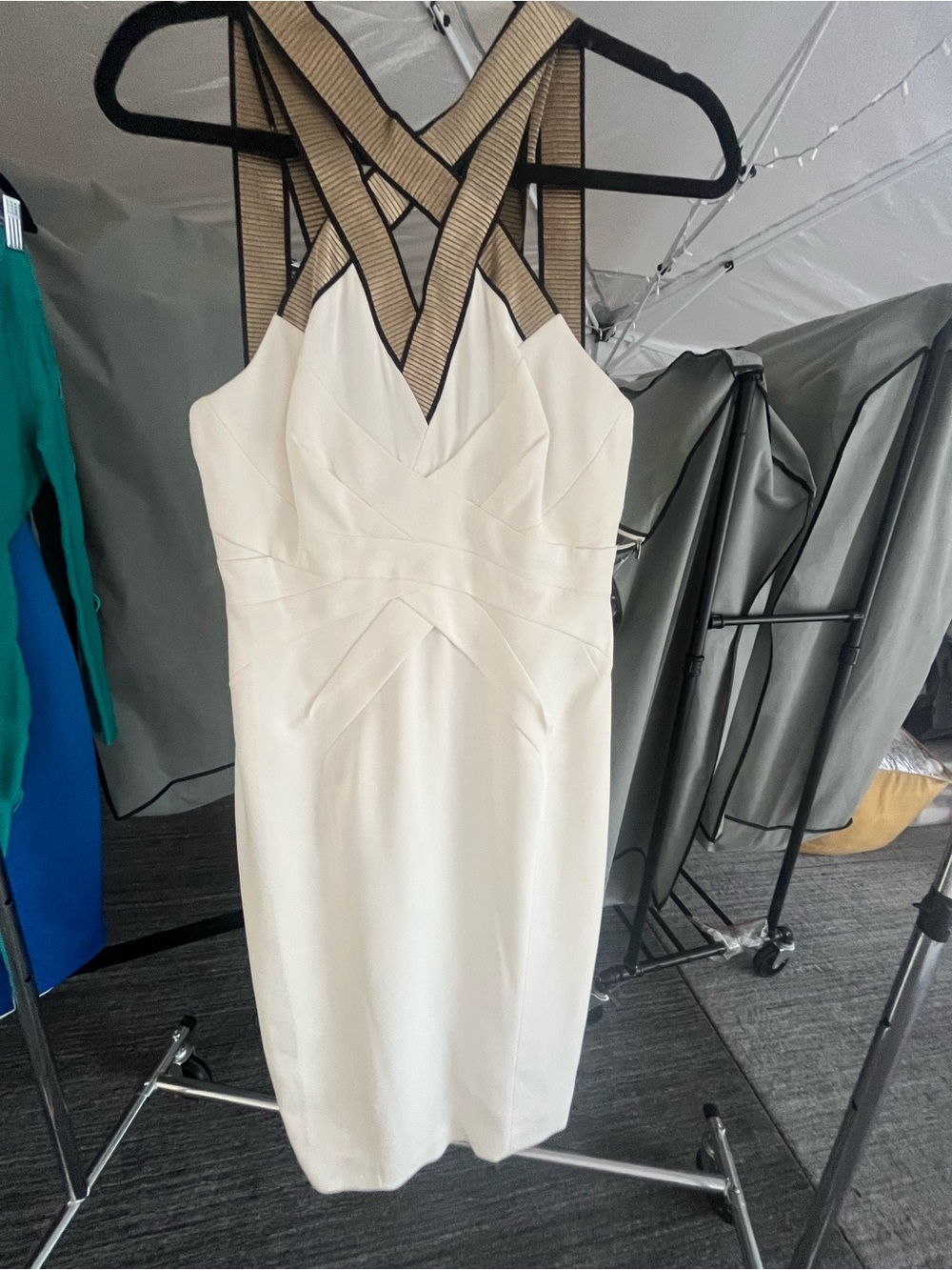 Karen Millen Cream Sheath Dress with Black Strappy Mesh Detail - Picture 2 of 2